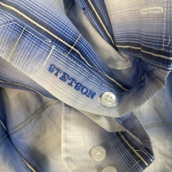 Stetson Shirt Mens 3XL Blue Plaid Flap Pockets Yoked Western Cowboy FS Country - Picture 2 of 8
